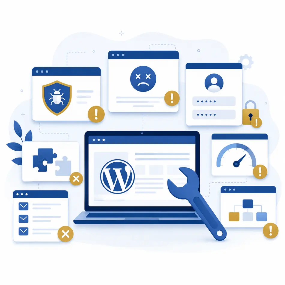 Illustration showing multiple WordPress issues such as malware, login problems, plugin conflicts and speed issues