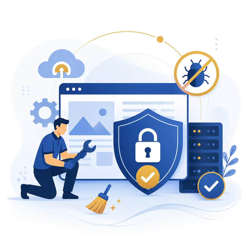 Illustration showing website security, malware prevention, cleanup and optimisation